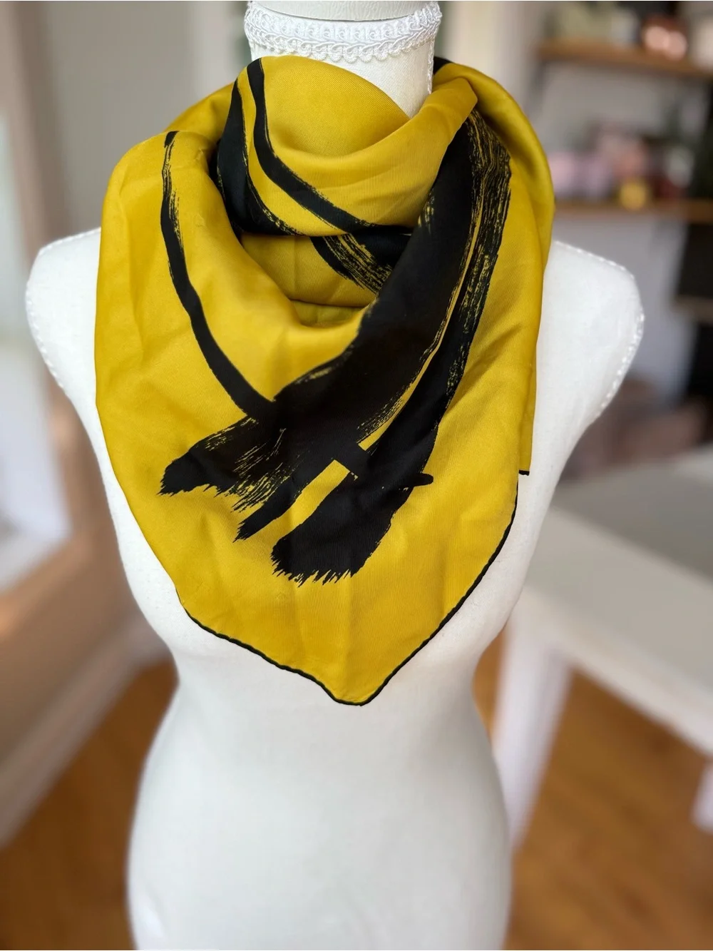 Vintage Lord & Taylor Yellow Black Brushstroke Large Square Silk Scarf